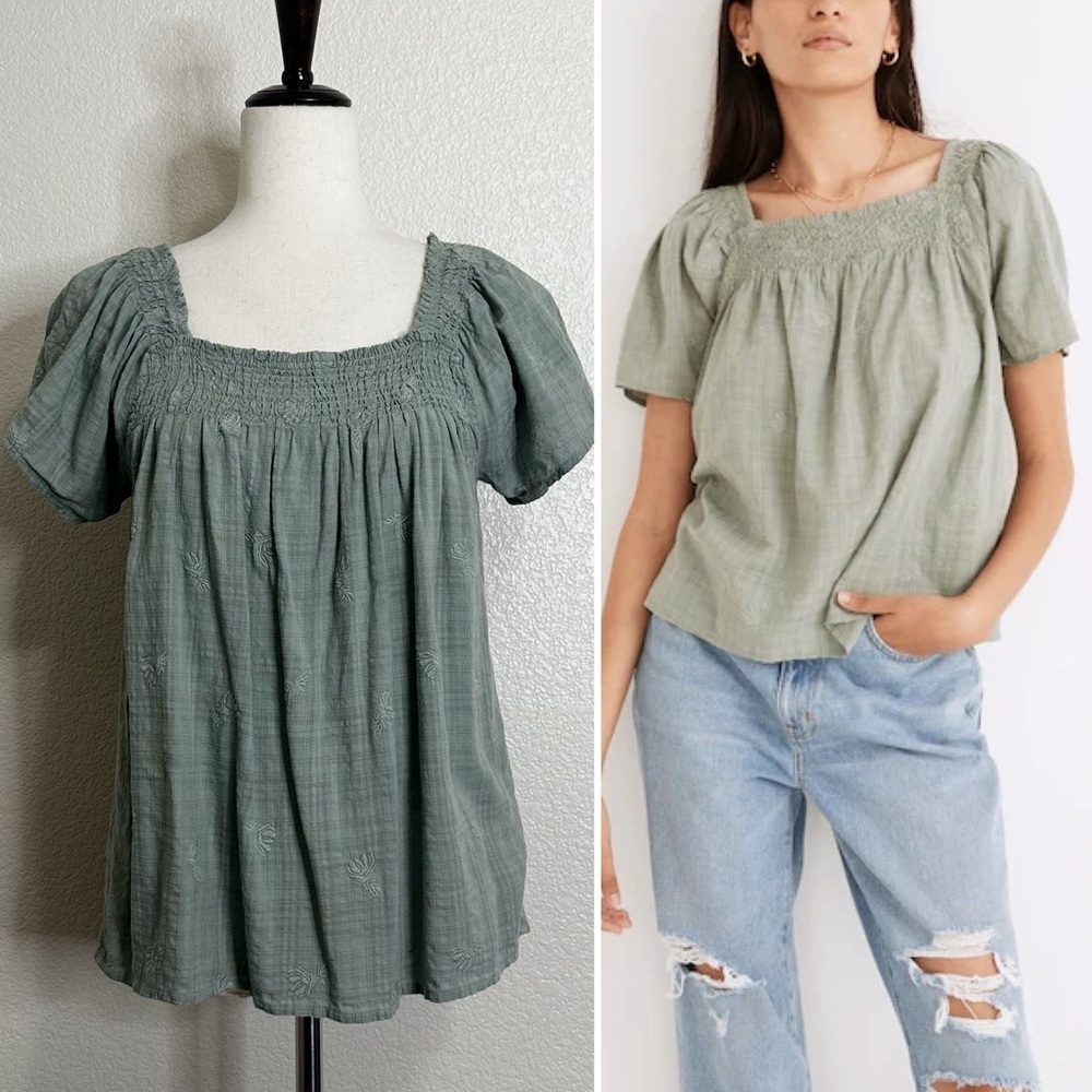 Madewell Frosted Willow Square-Neck Smocked Embroidered Top, Size XXS